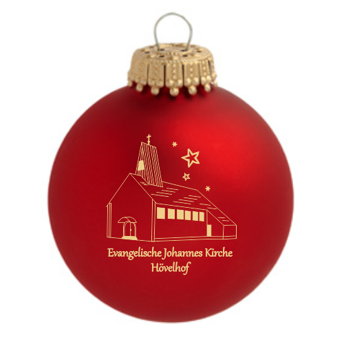 Hövelhof Evangelische Kirche Weihnachtskugel mit Kirchenmotiv in Rot Rote Weihnachtskugel aus Glas mit goldfarbenem Motiv der Evangelischen Johannes Kirche Hövelhof und goldfarbener Aufhängung