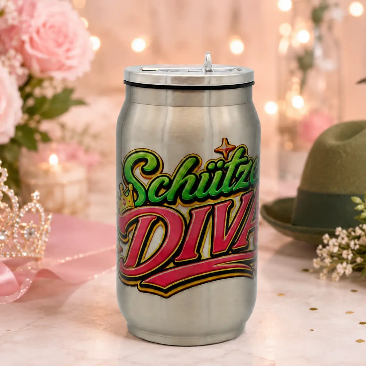 Thermodose Schützen Diva 250 ml – doppelwandiges Edelstahl-Trinkgefäß mit Trinkhalm Aluminium-Dose, Diva-Verpackung?, Schiltz Diva?, Dosengetränk, Metalldose