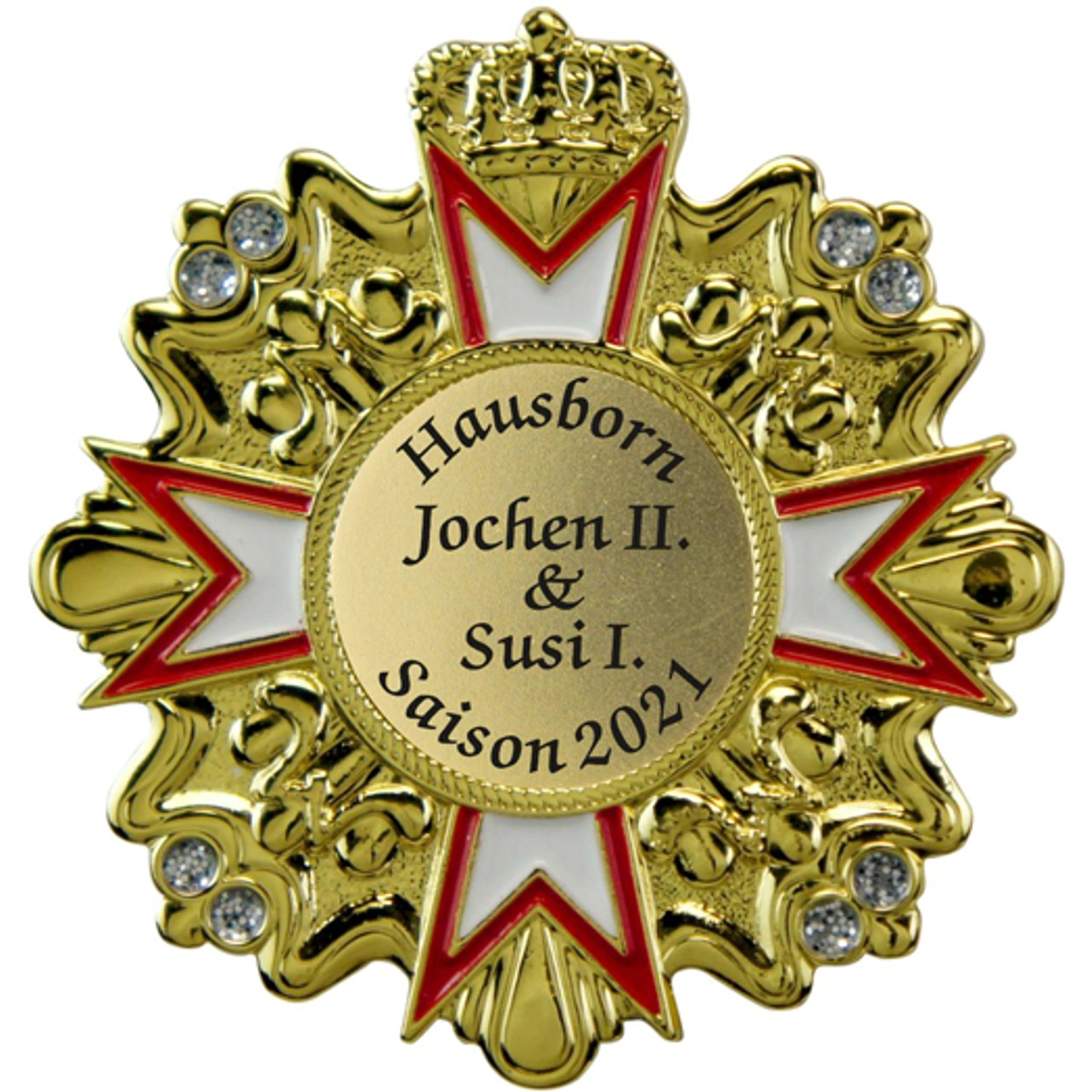 Karnevalspin Stern mit Krone und Ornamenten Rot-Weiß – unbedruckt Karnevalsorden, goldfarben, Emaille, Strasssteine, Saisonorden