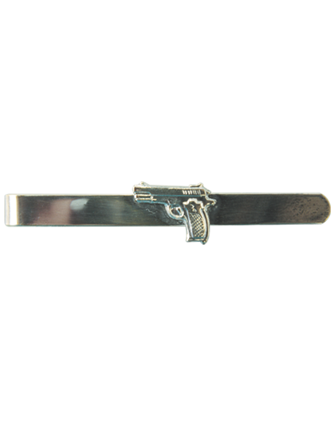 Krawattenschieber Pistole in silberfarbener Optik Krawattenschieber mit Pistolenmotiv in silberfarbener Optik, längliche glatte Spange mit aufgesetztem Schützensymbol