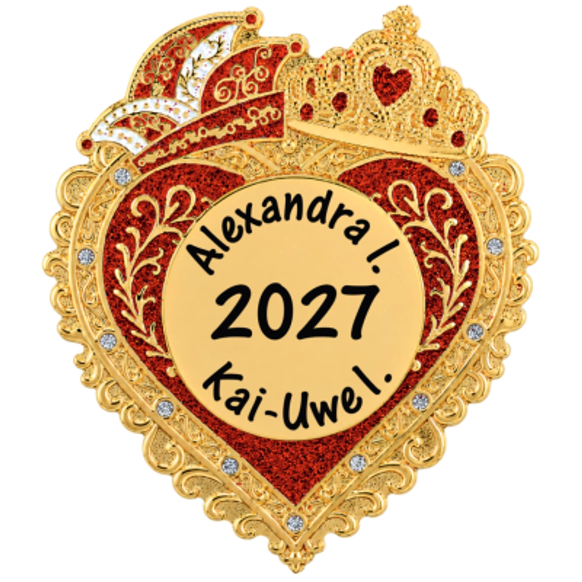 Herzorden, Karnevalsorden, goldfarben, roter Glitzer, personalisierbar