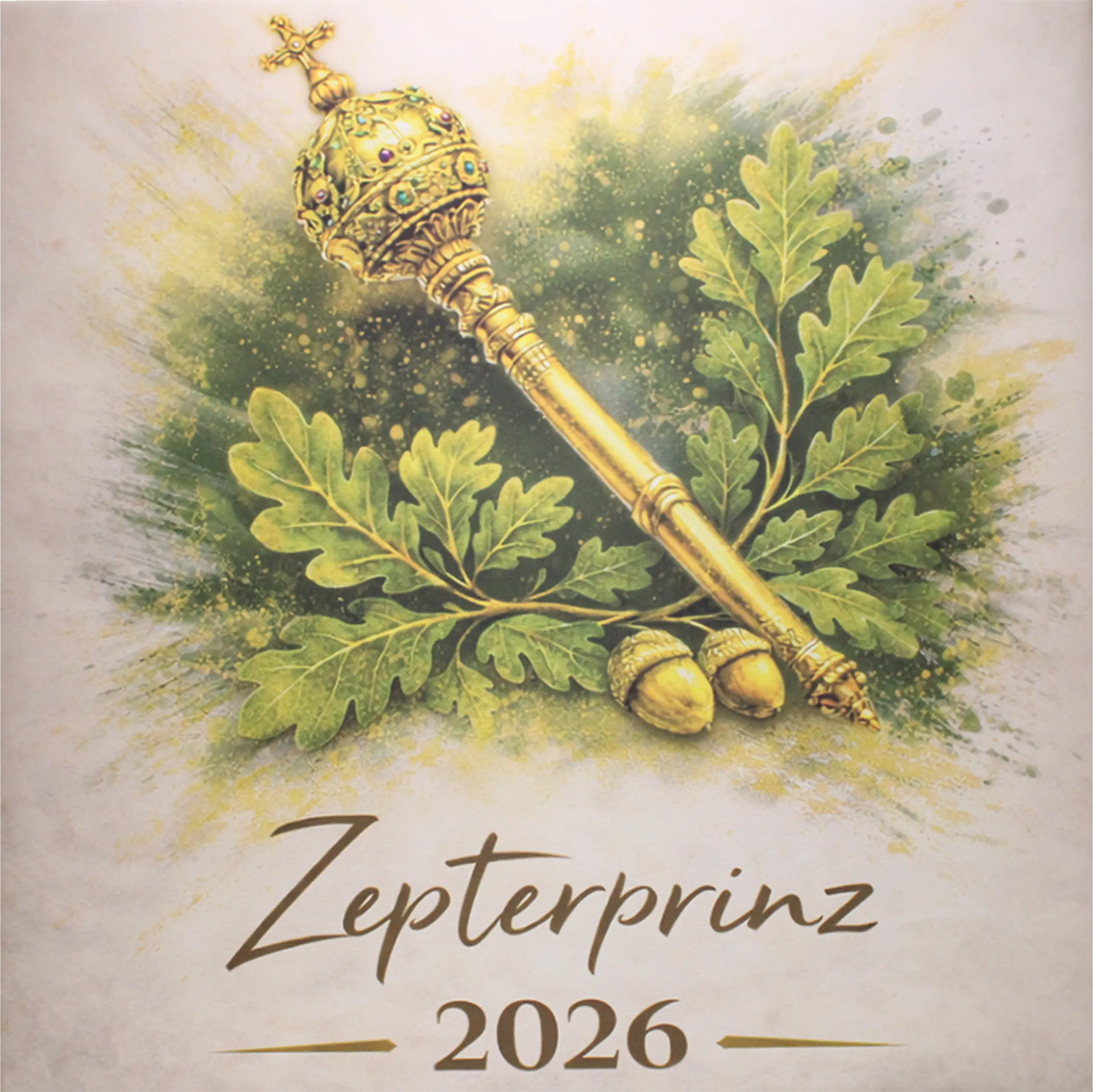 Leinwand Zepterprinz personalisierbar mit Zepter, Eichenlaub und Jahreszahl 2026 Personalisierbare Zepterprinz Leinwand mit goldenem Zepter, grünem Eichenlaub, zwei Eicheln und dem Schriftzug Zepterprinz 2026 im Mittelpunkt.