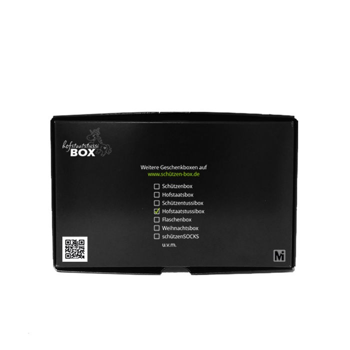 Hofstaatstussibox schwarze Geschenkbox mit Aufdruck Schwarze Hofstaatstussibox mit glatter Oberfläche und bedruckter Vorderseite mit Box-Logo, QR-Code und Liste weiterer Geschenkboxen, markiert bei Hofstaatstussibox