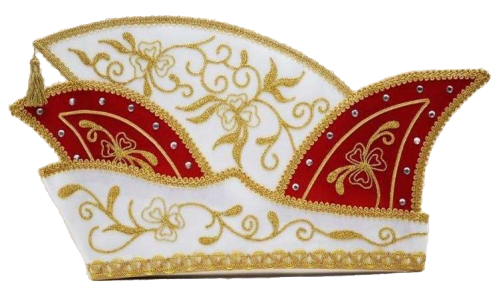 Prinzenmütze mit Strass in Rot und Weiß mit goldener Stickerei Prinzenmütze mit Strass in geschwungener Form, rot-weiß gestaltet mit goldfarbener Stickerei, Zierborte und aufgesetzten Strasssteinen