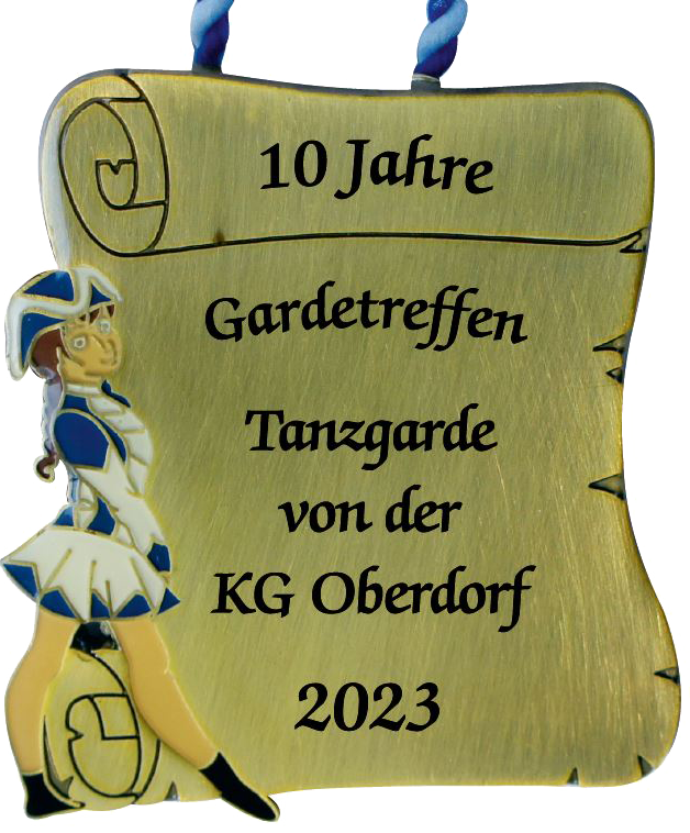 Karnevalsorden Bronze „Schriftrolle Blau/Weiß“ mit Gardemotiv und Beispielbedruckung Karnevalsorden in Antikbronze in Schriftrollenform mit blau-weißer Kordel und Gardetänzerin links. Schwarzer Aufdruck: „10 Jahre Gardetreffen Tanzgarde von der KG Oberdorf 2023“.