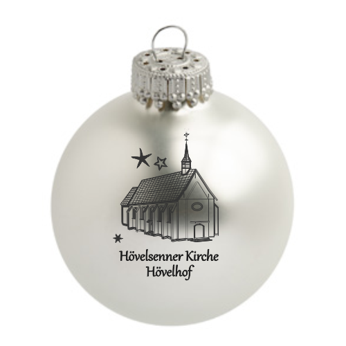 Hövelhof Hövelsenner Kirche Weihnachtskugel mit Kirchenmotiv Weiße Weihnachtskugel aus Glas mit silberner Aufhängung und schwarzem Druckmotiv der Hövelsenner Kirche Hövelhof mit Sternen