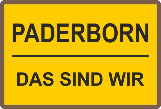Expressabzeichen Ortspin bronze im Ortsschild-Design mit Paderborn Rechteckiger Ortspin bronze im Ortsschild-Design mit gelber Fläche, dunklem Rand und schwarzer Aufschrift „PADERBORN“ sowie „DAS SIND WIR“.