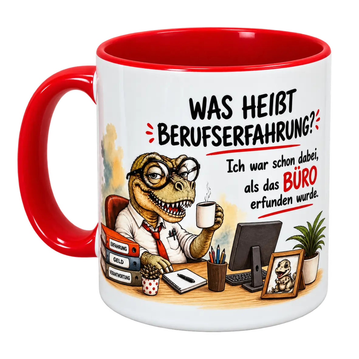 Kaffeetasse, Cartoon-Motiv, Bürohumor, Saurier-Charakter, Roter Henkel