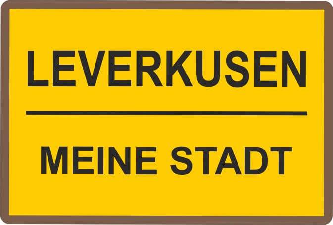 Expressabzeichen Ortspin silber im Ortsschild-Design mit Leverkusen Rechteckiges Expressabzeichen Ortspin silber im gelben Ortsschild-Design mit schwarzer Umrandung und den Worten „LEVERKUSEN“ und „MEINE STADT“.