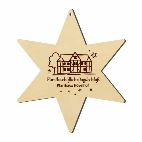 Hövelhof Jagdschloss Holzstern mit graviertem Schlossmotiv Sechszackiger Holzstern zum Aufhängen mit graviertem Motiv des Fürstbischöflichen Jagdschlosses und der Aufschrift Pfarrhaus Hövelhof