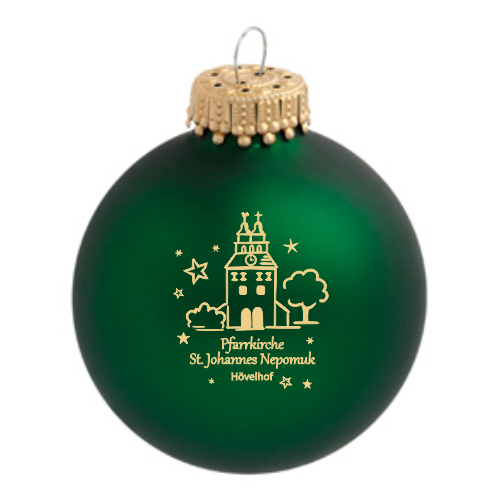 Hövelhof Pfarrkirche Weihnachtskugel aus grünem Glas mit Kirchenmotiv Grüne Weihnachtskugel aus Glas mit goldfarbenem Motiv der Pfarrkirche St. Johannes Nepomuk in Hövelhof und dekorativen Sternen