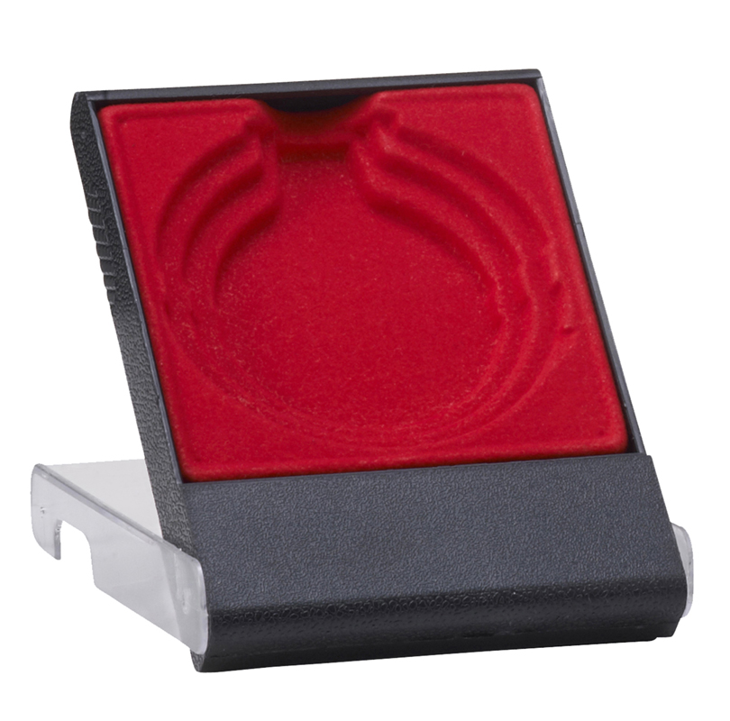 Variables Etui Rot für Medaillen mit roter Einlage und transparentem Deckel Variables Etui Rot für Medaillen, geöffnet mit roter Einlage für verschiedene Medaillengrößen, schwarzem Kunststoffgehäuse und transparentem Deckel; freie Fläche unter der Medaille für eine Gravur