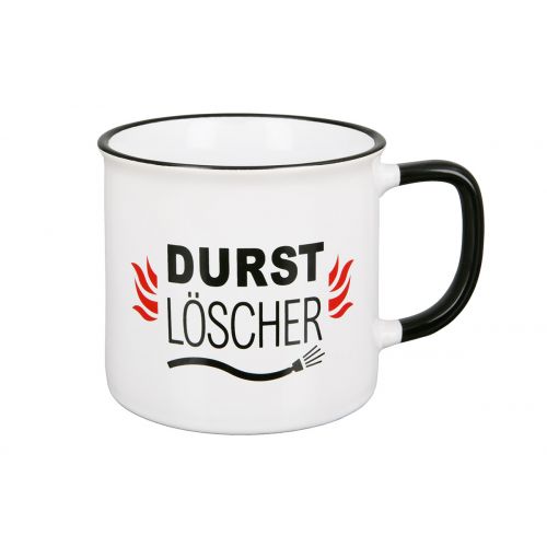 Keramik-Tasse Durstlöscher mit schwarzem Henkel und Schriftzug Keramik-Tasse Durstlöscher in Weiß mit schwarzem Rand und schwarzem Henkel, bedruckt mit dem Schriftzug „Durst Löscher“ in Schwarz sowie roten Flammen und schwarzer Kabelgrafik.