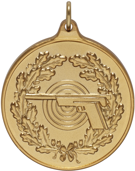 Medaille 40 mm mit Schusswaffe, Zielscheibe und Eichenlaub Runde Medaille 40 mm in goldfarbener Optik mit Öse und Ring, Motiv aus Schusswaffe vor Zielscheibe, umrahmt von Eichenlaub.