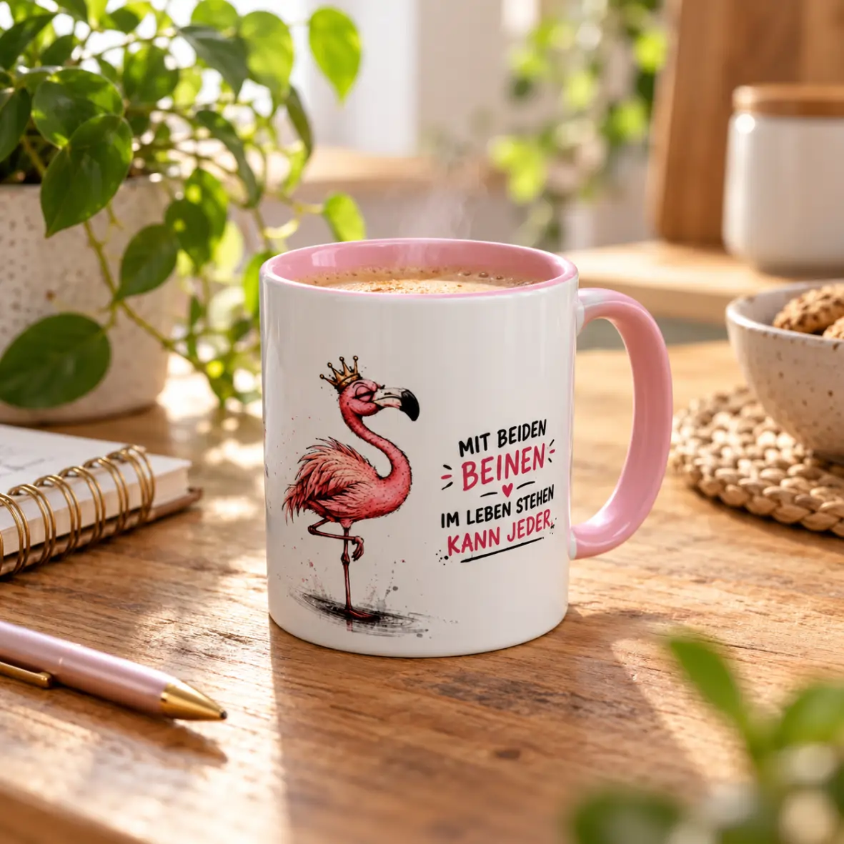 Tasse mit beiden Beinen im Leben stehen kann jeder Tasse, Kaffeebecher, Flamingo, Pink, Spruch