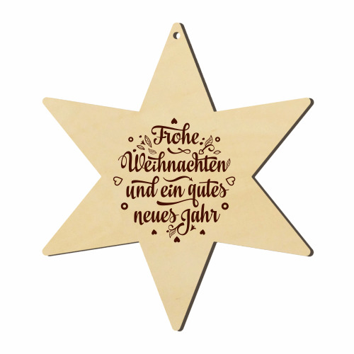 Königsträsser Paderborn Holzstern mit Gravur Frohe Weihnachten und ein gutes neues Jahr Sternförmiger Holzanhänger Königsträsser Paderborn Holzstern mit Lochung und gelaserter Gravur „Frohe Weihnachten und ein gutes neues Jahr“.