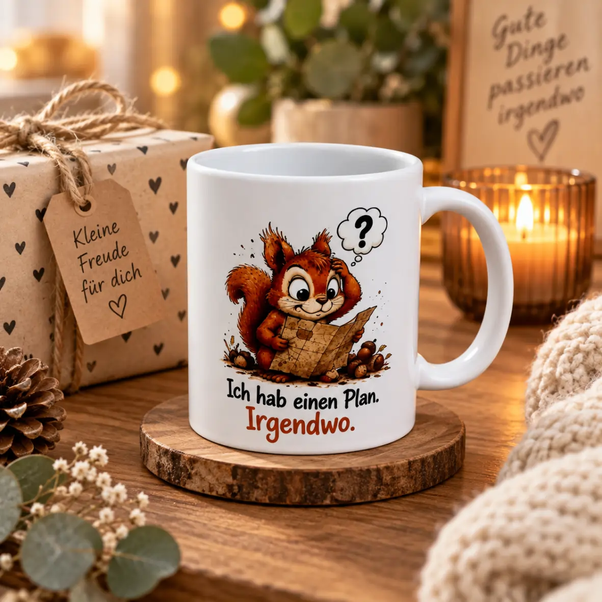 Kaffeebecher, Eichelhäher Figur, Papierkarte, Mug, Spruch