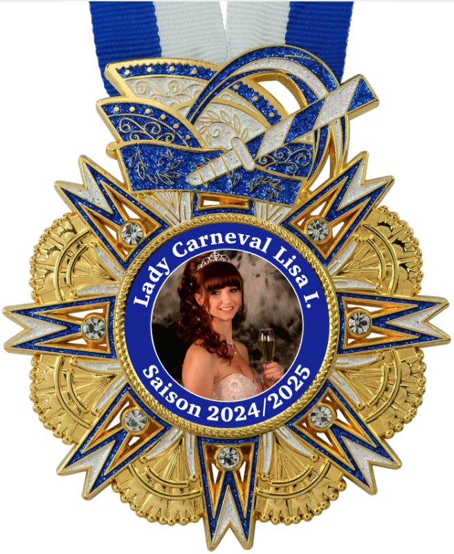 Karnevalsorden „Stern mit Narrenkappe Blau/Weiß“ mit Porträt und Schriftzug Goldfarbener Karnevalsorden mit blau-weißem Stern, Narrenkappe und sieben Similiesteinchen am blau-weißen Halsband. Mittig ein Frauenporträt mit dem Schriftzug „Lady Carneval Lisa I.“ und „Saison 2024/2025“., medaille, medaille décorative, émail bleu, bor