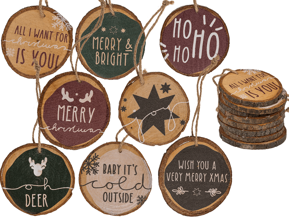 Deko-Holzscheiben-Hänger, Traditional Christmas, 8cm, 8er Set im Netz