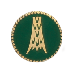 Auflage Schwanz, rundes Pfänderabzeichen mit goldenem Adlerschwanz auf grünem Hintergrund Runde Auflage Schwanz als Pfänderabzeichen für Schützen, mit goldenem Adlerschwanz auf grünem Hintergrund und goldfarbenem Rand