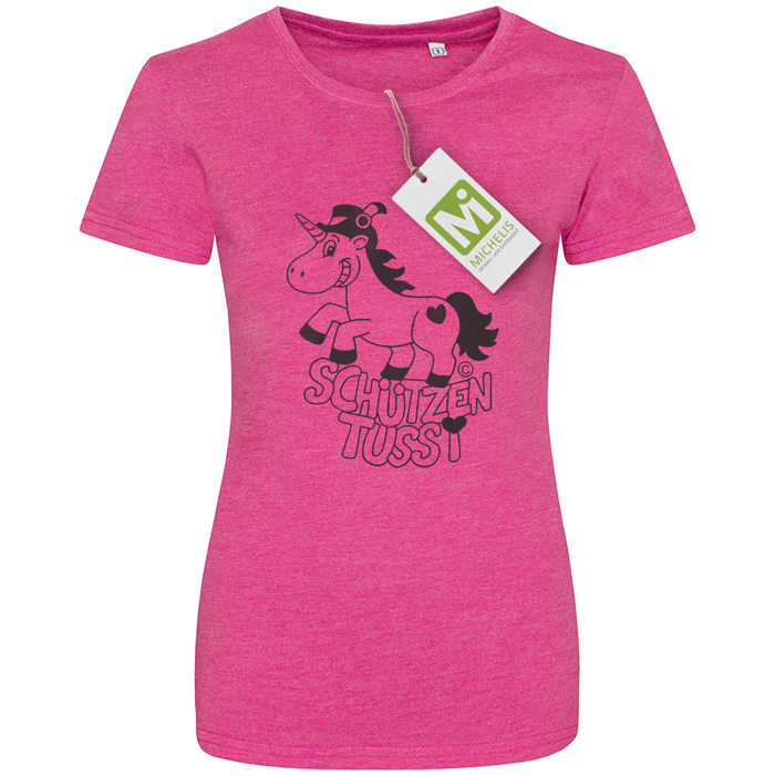 T-Shirt pink Schützentussi mit Einhorn-Aufdruck Pinkes T-Shirt Schützentussi mit schwarzem Einhorn-Motiv und Schriftzug „Schützen Tussi“ auf der Vorderseite.