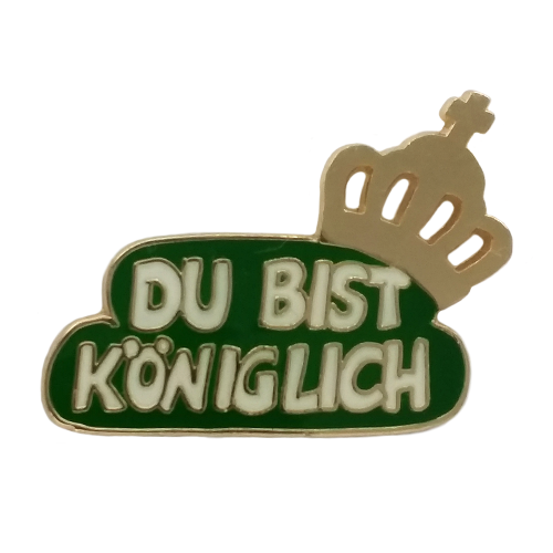 Königliches Abzeichen der Hofstaatsbox B mit Krone und Schriftzug Grün-goldenes königliches Abzeichen aus der Hofstaatsbox B mit Krone und dem Schriftzug „Du bist königlich“.