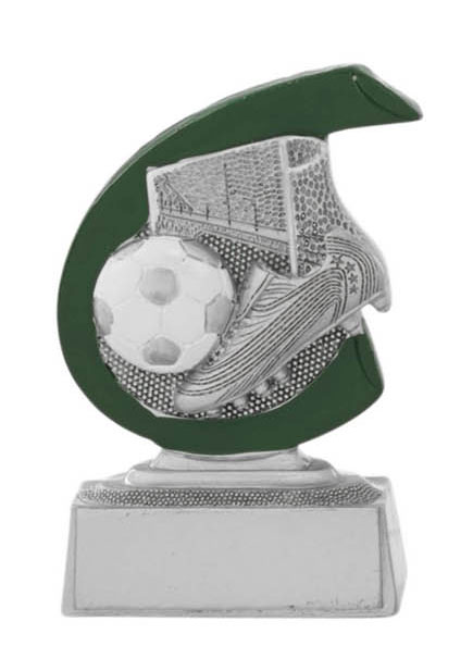 Mini-Resinpokal Fußball & Schuh mit Ball, Schuh und Tor Mini-Resinpokal Fußball & Schuh von EinzigArt, silberfarbene Trophäe mit grünem Bogenelement und Motiv aus Fußball, Schuh und Tor auf rechteckigem Sockel