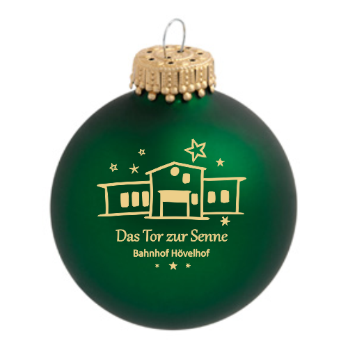 Hövelhof Bahnhof Weihnachtskugel mit Motiv Bahnhof Hövelhof Grüne Weihnachtskugel aus Glas mit goldfarbenem Motiv des Bahnhofs Hövelhof und dem Schriftzug Das Tor zur Senne Bahnhof Hövelhof.