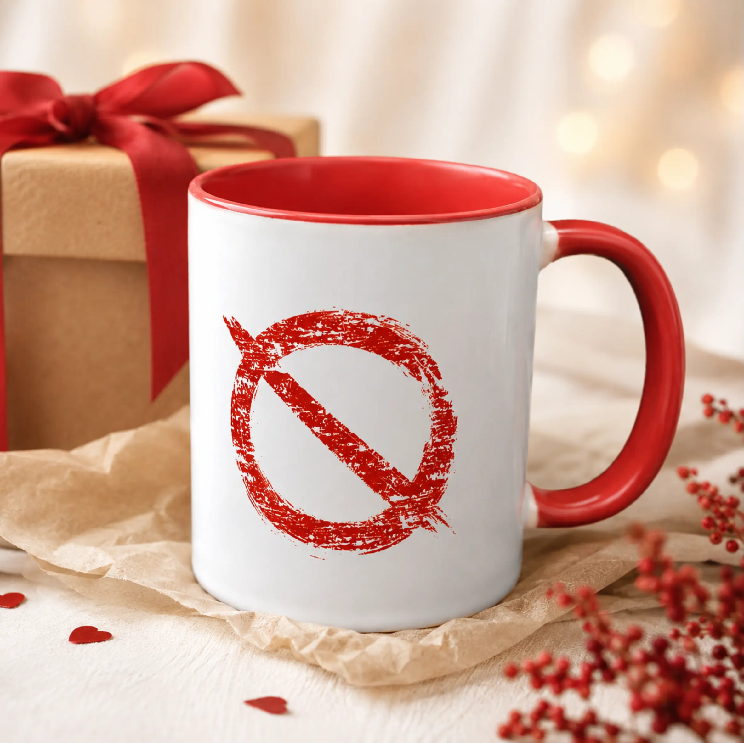Tasse Ich würd ja aber ich will nicht, weiß mit rotem Henkel und roter Innenseite Weiße Tasse Ich würd ja aber ich will nicht mit rotem Henkel, roter Innenseite und rotem Verbotssymbol auf der Vorderseite