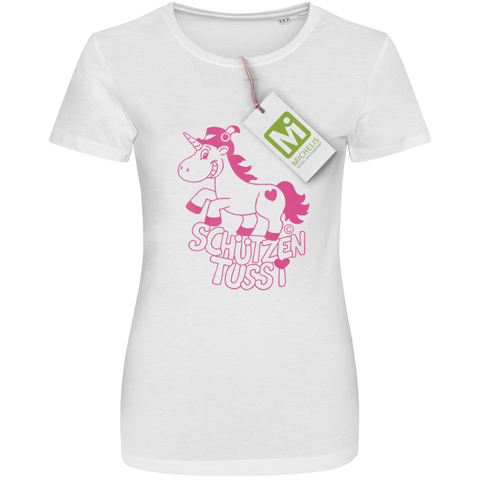 T-Shirt weiß Schützentussi mit pinkem Einhorn-Motiv Weißes T-Shirt mit rundem Ausschnitt und pinkem Aufdruck aus Einhorn, Herz und Schriftzug Schützentussi auf der Vorderseite