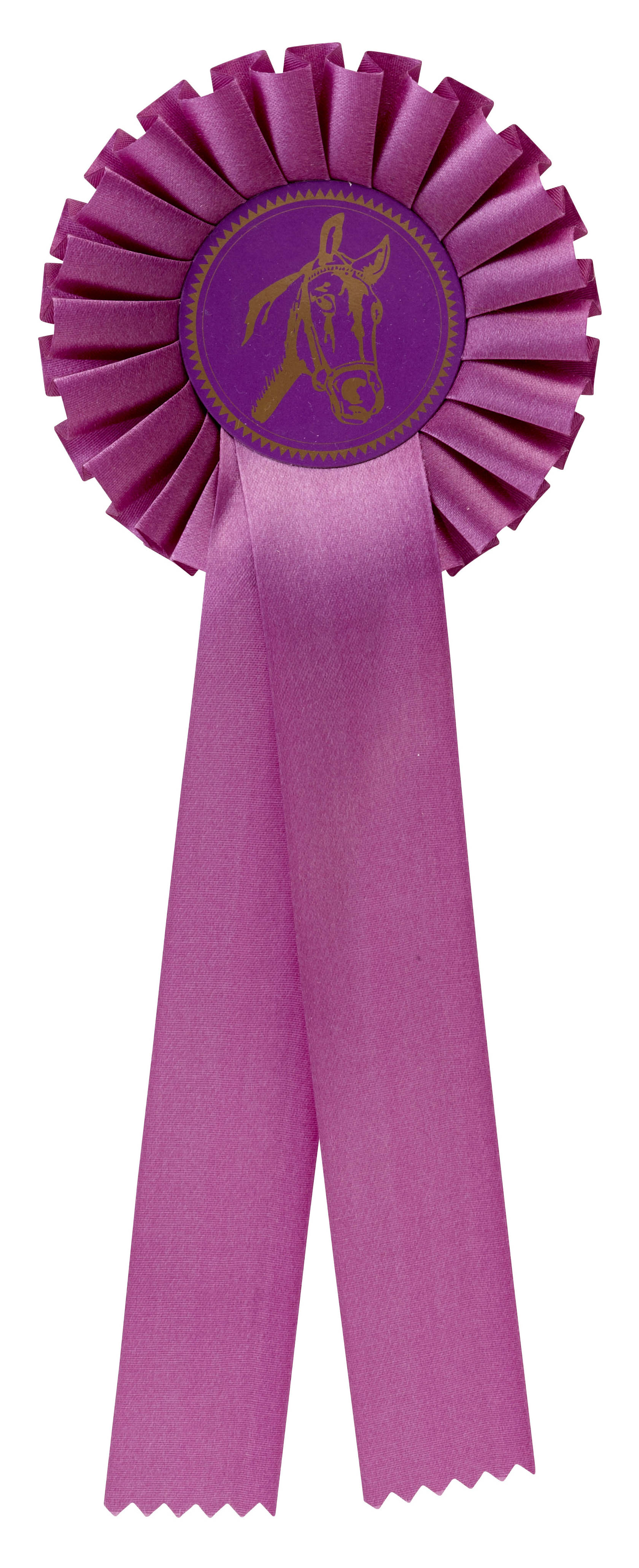 Einfache Rosette in Pink mit zwei Schleifenbändern und Pferdekopf-Motiv Einfache Rosette in Pink mit gefälteltem Rosettenkranz, zwei langen Schleifenbändern und rundem Mittelteil mit Pferdekopf-Motiv.