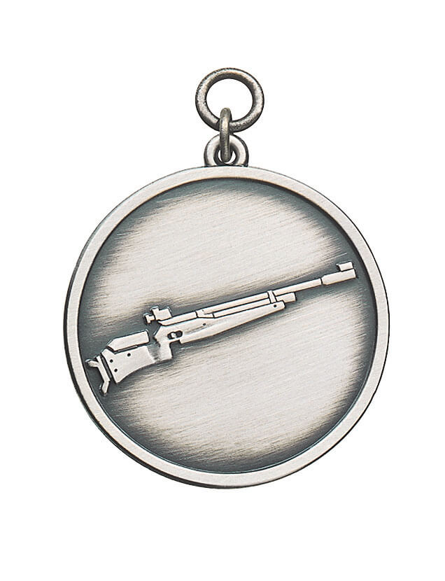 Medaille für Schützen mit Gewehrmotiv und Öse Runde Medaille für Schützen mit schlichtem Rand, Öse und Ring sowie Gewehrmotiv auf der Vorderseite in heller Metalloptik.
