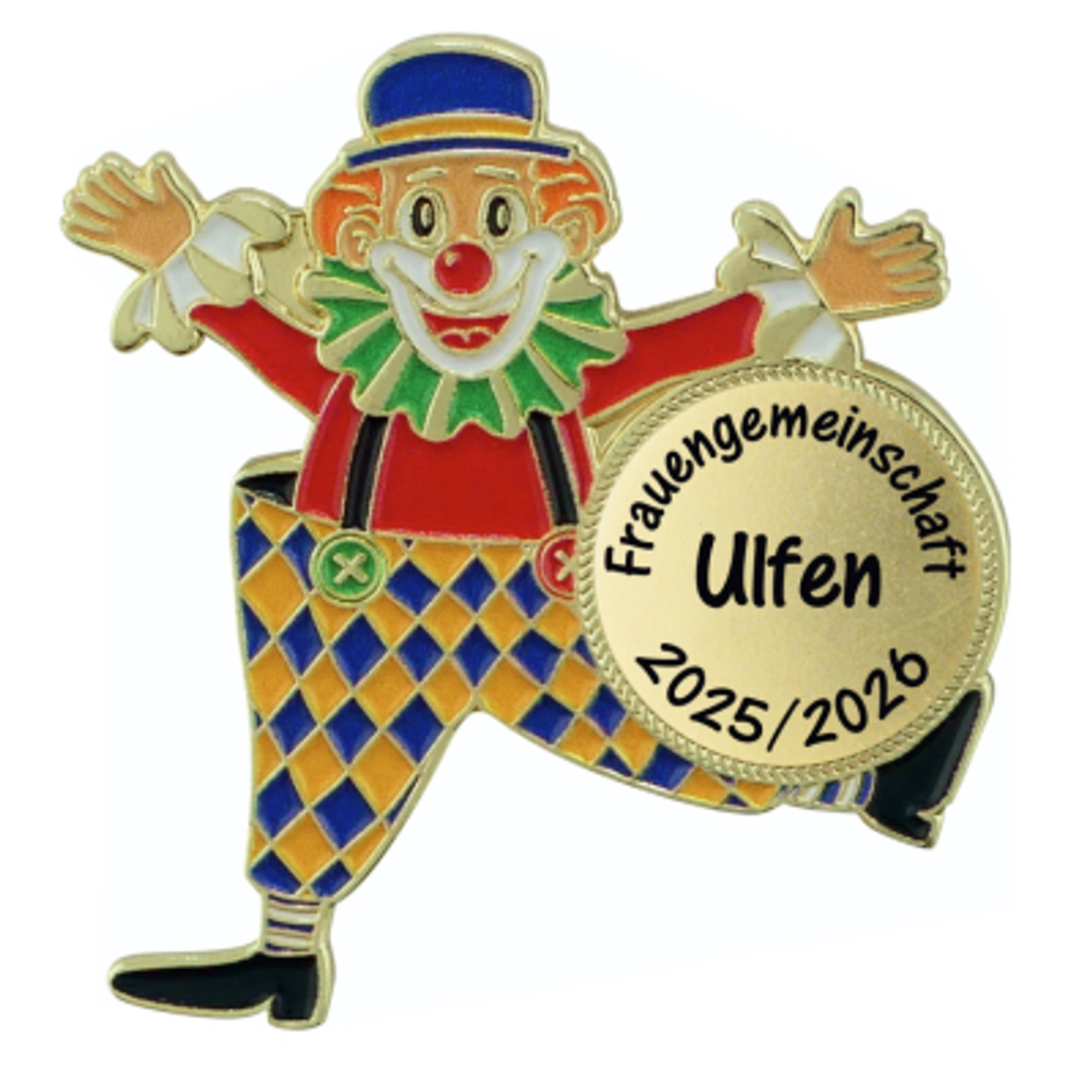 Karnevalsorden, Clownmotiv, Emaille, Rautenmuster, Blau-gelb-rot
