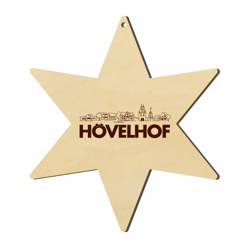 Hövelhof Silhouette Holzstern mit Gravur Sechszackiger Holzstern zum Aufhängen mit Gravur „Hövelhof“ und Silhouette auf der Vorderseite