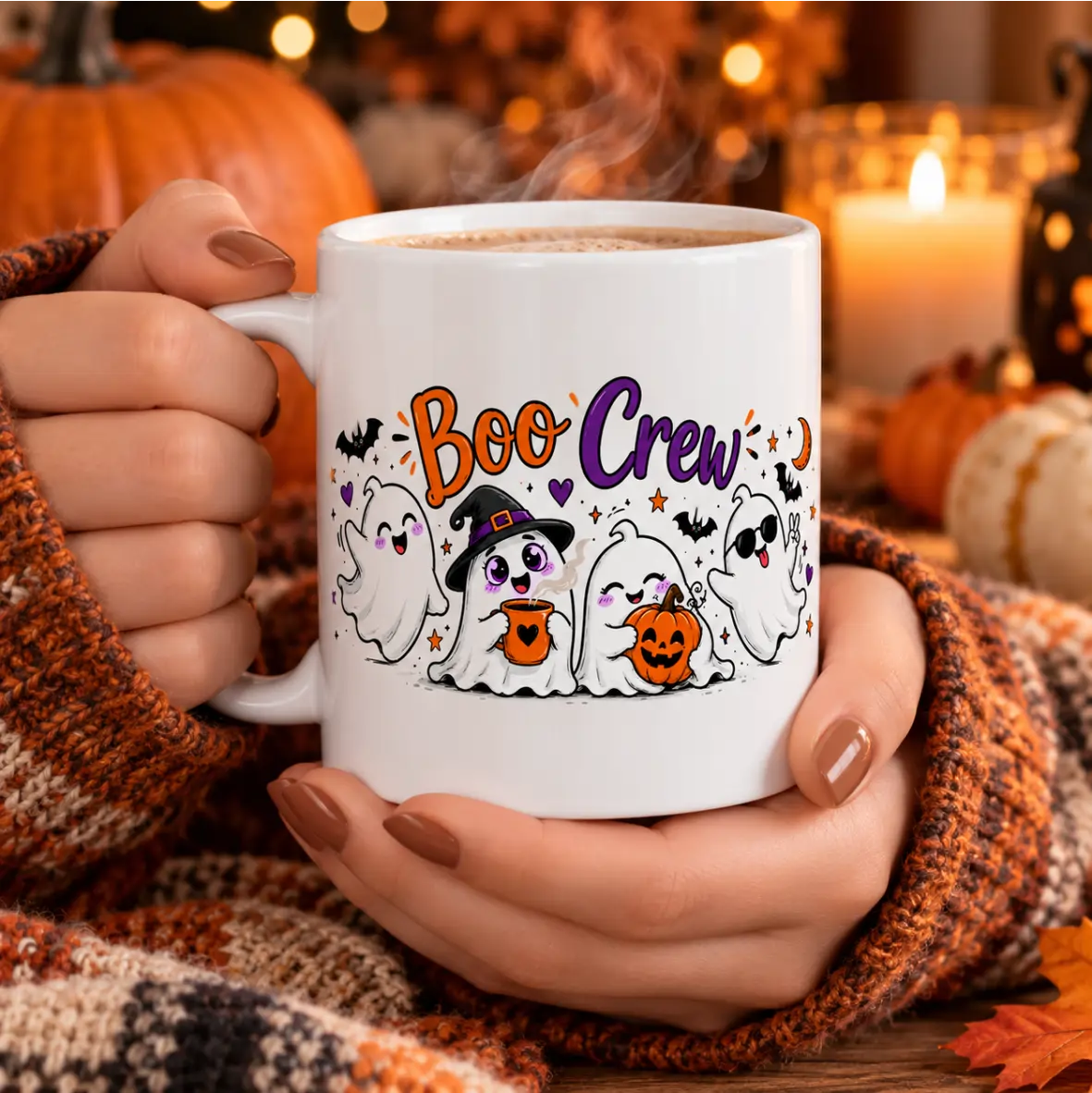 Weiße Tasse „Boo Crew“ mit orange-violettem Schriftzug, vier Geistern, Kürbis und Fledermäusen. Zwei Hände halten die Tasse mit einem dampfenden Getränk; im Hintergrund stehen Kürbisse und eine brennende Kerze., Kaffeemug, Halloween, Halloween-Motiv, Geis