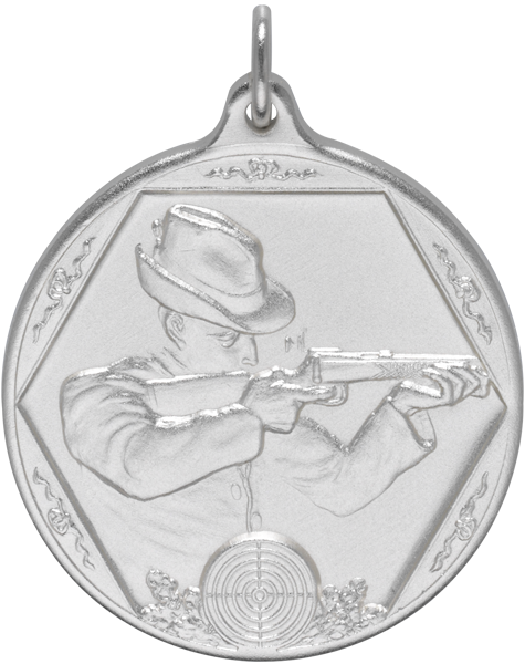 Medaille Schießen mit Schütze und Zielscheibe Runde Medaille mit Öse und Ring, in silberfarbener Optik, mit Relief eines Schützen mit Gewehr und kleiner Zielscheibe im unteren Bereich.