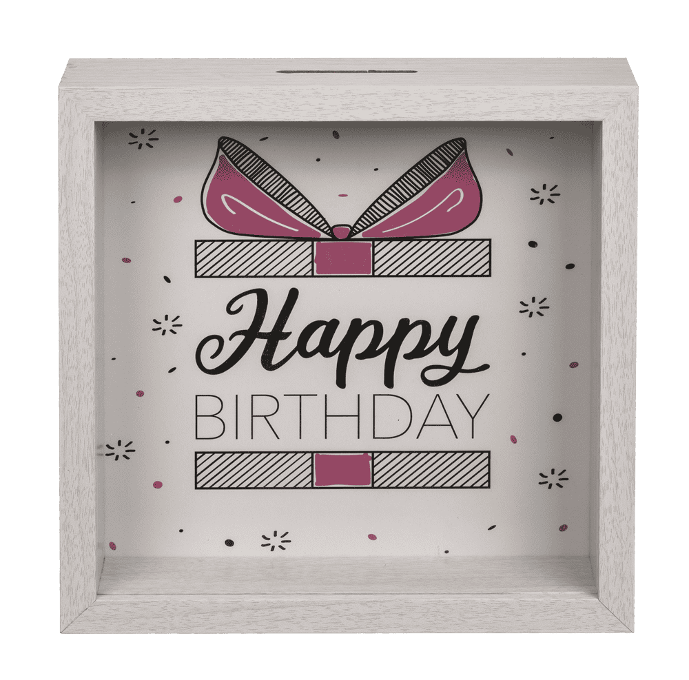 Holz-Spardose, Happy Birthday 20x 20cm