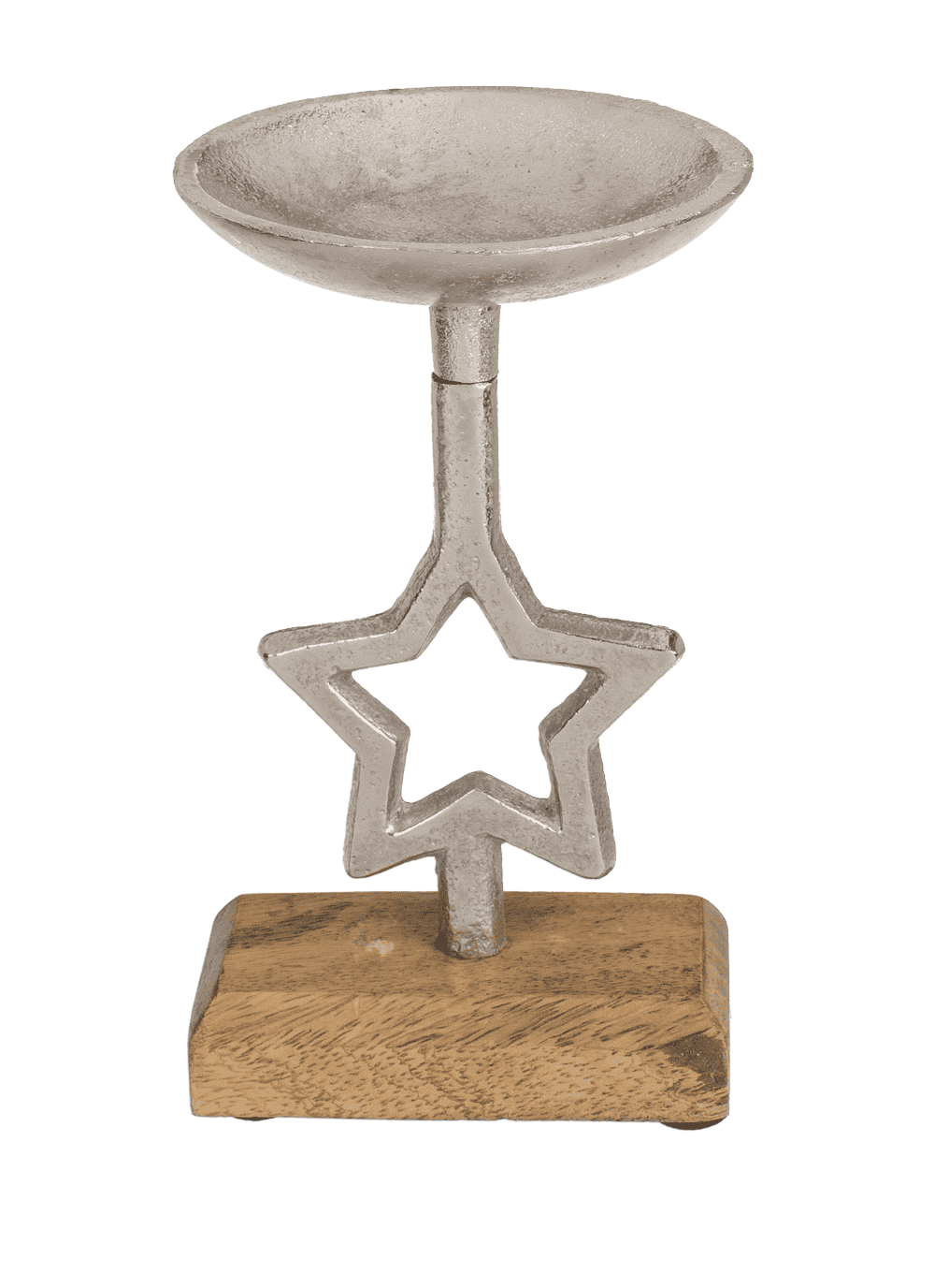 Silberfarbener Kerzenständer, Stern auf Holzfuß, 18 x 10cm Silberfarbener Kerzenständer, Stern auf Holzfuß, 18 x 10cm