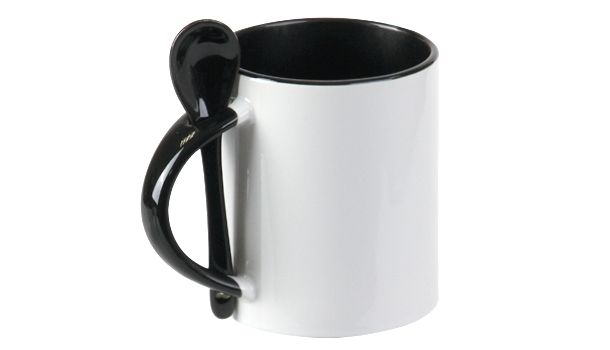 Löffeltasse 330 ml mit Druck, weiß-schwarz mit Löffelgriff Keramiktasse mit 330 ml, außen weiß und innen schwarz, mit schwarzem Griff und integriertem schwarzem Löffel im Henkel, geeignet für individuellen Druck