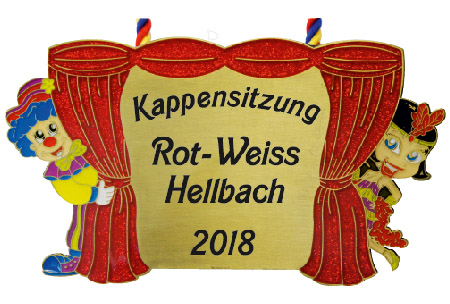 Karnevalsorden Bronze „Bühne mit Vorhang“ mit rotem Glitzervorhang und Clownmotiven Karnevalsorden Bronze „Bühne mit Vorhang“ in Vorderansicht: roter Glitzervorhang, zwei seitliche Clownfiguren und mittige Aufschrift „Kappensitzung Rot-Weiss Hellbach 2018“., Kappensitzung, Rot-Weiss, Hellbach, 2018, Pappfigur