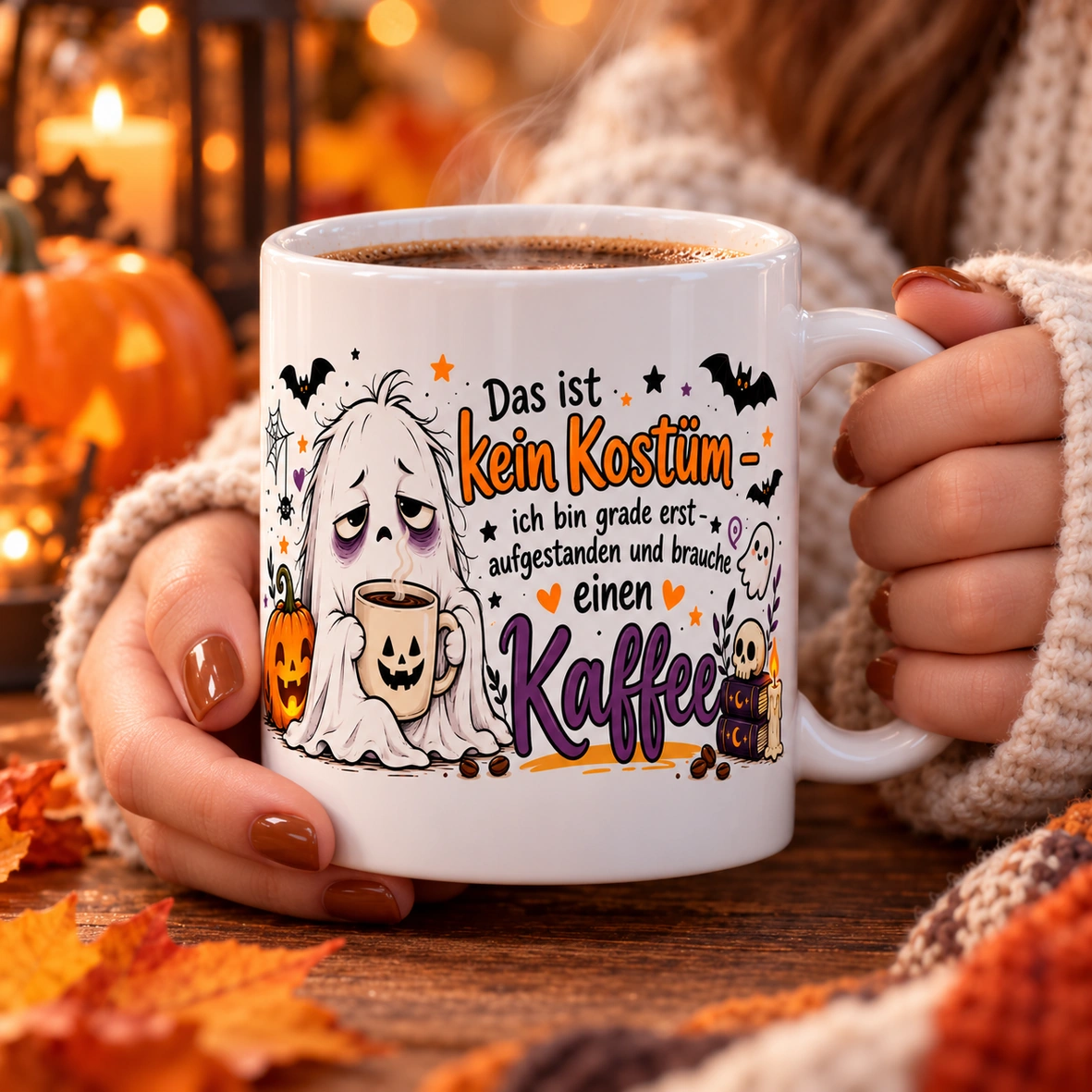 Keramiktasse, weiße Tasse, Halloween-Motiv, Geisterillustration, Kaffeetasse