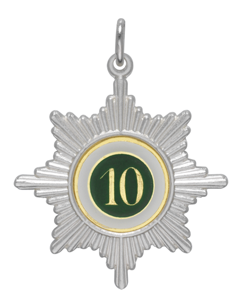Jubiläumsorden mit Zahl 10 in Sternform, versilbert mit grün-weißer Auflage Jubiläumsorden mit Zahl 10 in Sternform, versilbert, mit grün-weißer runder Auflage und goldfarbener Zahl sowie Öse und Ring zur Befestigung