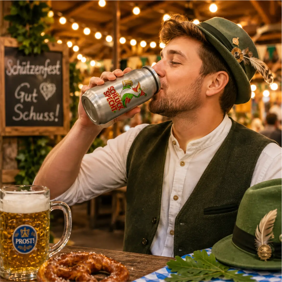 Aluminiumdose, Trinkglas, Bier, Oktoberfest-Style, Lederweste