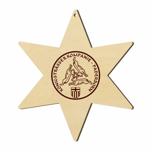 Königsträsser Paderborn Holzstern mit graviertem Rundmotiv Sechszackiger Holzstern zum Aufhängen mit Lochung und mittiger Lasergravur „Königsträsser Kompanie Paderborn“ im Rundmotiv.