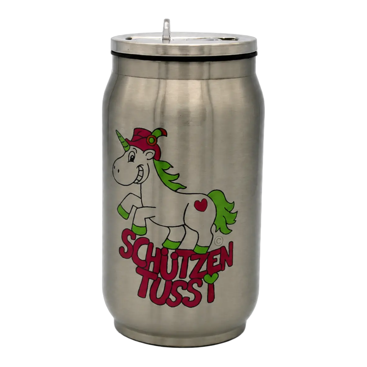 Thermodose Schützentussi 250 ml – doppelwandiges Edelstahl-Trinkgefäß mit Trinkhalm Aluminium Dose, Trinkflasche, Kühlschrankfreundlich, Hohlhorn Einhorn, Motivdruck