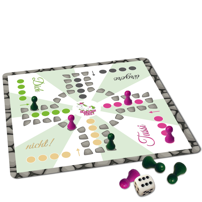 Schützenspiel Tussi ärgere Dich nicht! Brettspiel mit Spielfiguren und Würfel Quadratisches Schützenspiel Tussi ärgere Dich nicht! als Brettspiel mit Schützentussi-Motiv, farbigen Spielfeldern, vier Spielfiguren und einem Würfel auf einer festen Spielplatte.
