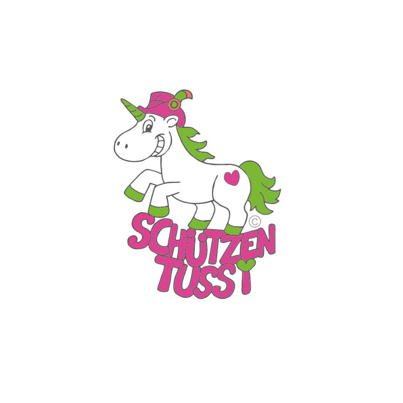T-Shirt weiß Schützentussi mit Einhorn-Motiv und Schriftzug Weißes T-Shirt Schützentussi mit buntem Aufdruck: weißes Einhorn mit pinkem Hut, grüner Mähne und Schweif sowie pinkem Schriftzug "Schützen Tussi" und kleinen Herzchen.