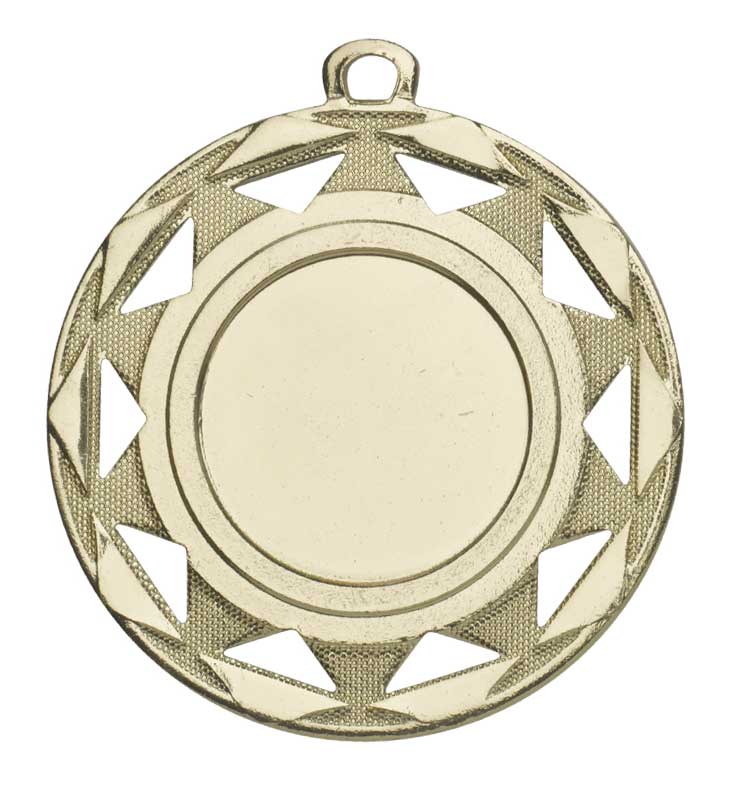 Medaille mit dreieckigen Aussparungen in Goldoptik Runde Medaille mit dreieckigen Aussparungen am Rand, strukturierter Oberfläche, zentralem Emblemfeld und Öse, in Goldoptik