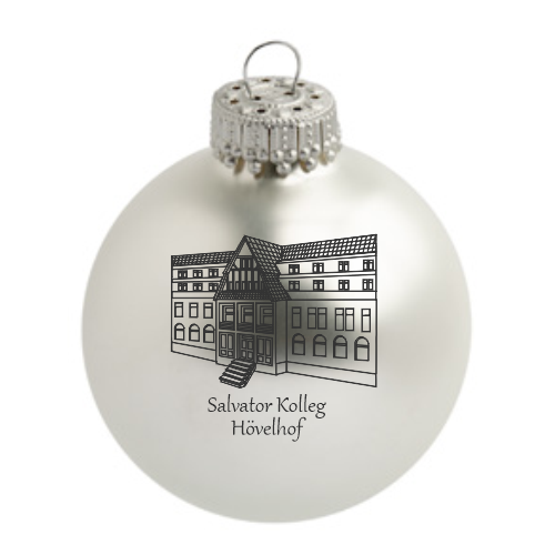 Hövelhof Salvator Kolleg Weihnachtskugel mit Gebäude-Motiv Matte weiße Weihnachtskugel aus Glas mit schwarzem Druck eines Gebäudes und der Beschriftung "Salvator Kolleg Hövelhof" auf der Vorderseite