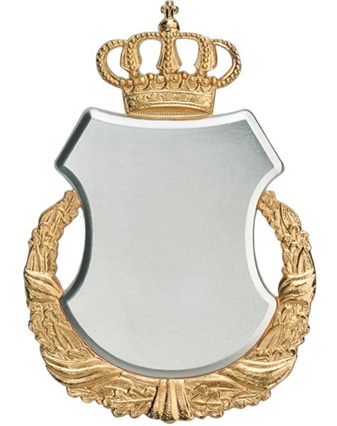 Königsschild mit Krone und Eichenlaubkranz, bicolor Königsschild in Schildform mit großer silberfarbener Gravurfläche, goldfarbener Krone oben und goldfarbenem Eichenlaubkranz unten, bicolor gestaltet zum Anhängen an eine Kette